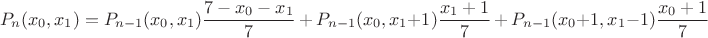 $$
P_n(x_0,x_1)=P_{n-1}(x_0,x_1)\frac{7-x_0-x_1}{7}\, +\, P_{n-1}(x_0,x_1+1)\frac{x_1+1}{7}\, +\, P_{n-1}(x_0+1,x_1-1)\frac{x_0+1}{7}
$$