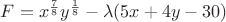 $F = x^\frac{7}{8} y^\frac{1}{8} - \lambda(5x+4y-30)$