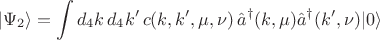 $$
| \Psi_2 \rangle = \int d_4 k \,  d_4 k' \, c(k, k', \mu, \nu) \, \hat{a}^{\dag}(k, \mu) \hat{a}^{\dag}(k', \nu) | 0 \rangle
$$