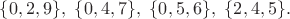 $$\{0,2,9\},\ \{0,4,7\},\ \{0,5,6\},\ \{2,4,5\}.$$