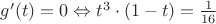 $ g'(t)=0 \Leftrightarrow t^3 \cdot (1-t)=\frac{1}{16}$