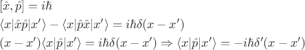 $$
\begin{align}
&[\hat{x},\hat{p}]=i\hbar\\
&\langle x|\hat{x}\hat{p}|x'\rangle-\langle x|\hat{p}\hat{x}|x'\rangle=i\hbar\delta(x-x')\\
&(x-x')\langle x|\hat{p}|x'\rangle=i\hbar\delta(x-x')\Rightarrow \langle x|\hat{p}|x'\rangle=-i\hbar\delta'(x-x')
\end{align}
$$