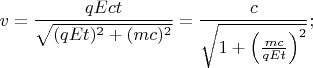 $$v=\frac{qEct}{\sqrt{(qEt)^2+(mc)^2}}=\frac c{\sqrt{1+\left(\frac{mc}{qEt}\right)^2}};$$