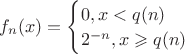 $f_n(x) =\begin{cases} 0, x<q(n) \\ 2^{-n},x\geqslant q(n)\end{cases}$
