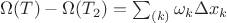 $\Omega (T)-\Omega (T_2)=\sum_{(k)}\omega_k \Delta x_k$