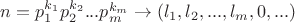 $n=p_1^{k_1}p_2^{k_2}...p_m^{k_m}\to (l_1,l_2,...,l_m,0,...)$ $n=p_1^{k_1}p_2^{k_2}...p_m^{k_m}\to (l_1,l_2,...,l_m,0,...)$