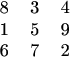 $$
\begin{tabular}{ccc}
8 & 3 & 4\\
1 & 5 & 9\\
6 & 7 & 2
\end{tabular}
$$