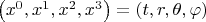 $\left( {x^0 ,x^1 ,x^2 ,x^3 } \right) = \left( {t,r,\theta ,\varphi } \right)$