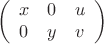$$
\left(
\begin{array}{ccc}
x & 0 & u\\
0 & y & v
\end{array}\right)
$$