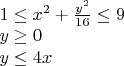 $\[\begin{array}{l}
1 \le {x^2} + \frac{{{y^2}}}{{16}} \le 9\\
y \ge 0\\
y \le 4x
\end{array}\]$