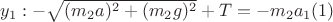 $y_1:-\sqrt{(m_2a)^2+(m_2g)^2}+T=-m_2a_1    (1)$