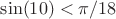 $\sin(10) < \pi/18$