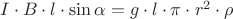 $I\cdot B\cdot l\cdot\sin \alpha=g\cdot l\cdot \pi \cdot r^2 \cdot \rho$