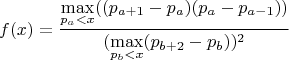 $$f(x) =  \frac{\max\limits_{p_a < x}((p_{a+1}-p_a)(p_a-p_{a-1}))}{(\max\limits_{p_b < x}(p_{b+2}-p_b))^2}$$