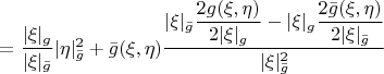 $=\dfrac{|\xi|_g}{|\xi|_{\bar g}}|\eta|_{\bar g}^2 + \bar g(\xi,\eta)\dfrac{  |\xi|_{\bar g}\dfrac{2g(\xi,\eta)}{2|\xi|_g} - |\xi|_{g}\dfrac{2\bar g(\xi,\eta)}{2|\xi|_{\bar g}}}   {|\xi|_{\bar g}^2}$