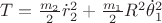 $T=\frac{m_2}{2}\dot r_2^2+\frac{m_1}{2}R^2\dot\theta_1^2$ $T=\frac{m_2}{2}\dot r_2^2+\frac{m_1}{2}R^2\dot\theta_1^2$