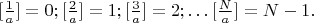 $[\frac{1}{a}]=0; [\frac{2}{a}]=1; [\frac{3}{a}]=2;  \dots [\frac{N}{a}]=N-1.$