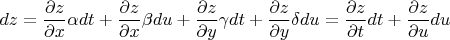 $dz = \dfrac {\partial z} {\partial x}\alpha dt+\dfrac {\partial z} {\partial x}\beta du +\dfrac {\partial z} {\partial y}\gamma dt + \dfrac {\partial z} {\partial y}\delta du=\dfrac {\partial z} {\partial t}dt +\dfrac {\partial z} {\partial u}du $