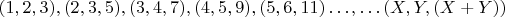 $(1, 2, 3), (2, 3, 5), (3, 4, 7), (4, 5, 9), (5, 6, 11)&hellip; , &hellip;(X, Y, (X+Y))$