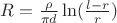 $R=\frac {\rho }{\pi d}\ln (\frac {l-r}r)$