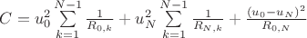 $C=u_0^2\sum\limits_{k=1}^{N-1}\frac{1}{R_{0,k}}+u_N^2\sum\limits_{k=1}^{N-1}\frac{1}{R_{N,k}}+\frac{(u_0-u_N)^2}{R_{0,N}}$