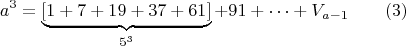 $$a^3=\makebox{\underbrace{[1+7+19+37+61]}_{5^3}} +91+&hellip;+V_{a-1}\qquad \e(3)$$