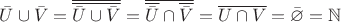 $\bar U \cup \bar V = \overline{\overline {\bar U \cup \bar V}} = \overline{\overline{\bar U} \cap \overline{\bar V}} = \overline{U \cap V} = \bar \varnothing = \mathbb N$