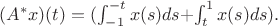 $
(A^*x)(t) = ($$\int_{-1}^{-t}x(s)ds$$ + $$\int_{t}^{1}x(s)ds$$).$