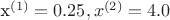 x^{(1)} = 0.25, x^{(2)} = 4.0