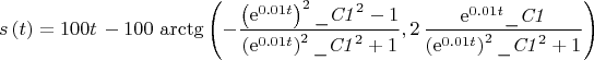 $$s \left( t \right) =100t\,-100\,\arctg \left( - \frac {  \left( {{\rm e}^{0.01t}} \right) ^{2}{{\it \_C1}}^{2}-1 }  {\left( {{\rm e}^{0.01t}} \right) ^{2}{{\it \_C1}}^{2}+1},2\, \frac {{{\rm e}^{0.01t}}{\it \_C1}} {\left( {{\rm e}^{0.01t}} \right) ^{2}{{\it \_C1}}^{2}+1} \right) $$