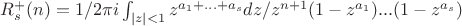 $R_s^{+}(n)=1/2\pi i\int_{|z|<1}{z^{a_1+...+a_s} dz/z^{n+1}(1-z^{a_1})...(1-z^{a_s})}$