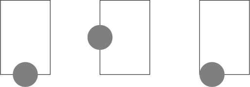 $\begin{tikzpicture}
\draw (0,0) rectangle (2,3);  \draw[xshift=4cm] (0,0) rectangle (2,3); \draw[xshift=8cm] (0,0) rectangle (2,3);
\fill[gray] (1,0) circle (.5);  \fill[gray, xshift=4cm] (0,1.5) circle (.5);  \fill[gray, xshift=8cm] (.5,0) circle (.5);
\end{tikzpicture}$