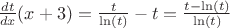 $\frac{dt}{dx}(x+3)=\frac{t}{\ln(t)}-t=\frac{t-\ln(t)}{\ln(t)}$