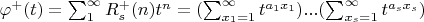 $\varphi^{+}(t)=\sum_{1}^{\infty} {R_s^{+}(n) t^n}=(\sum_{x_1=1}^{\infty}{t^{a_1x_1}})...(\sum_{x_s=1}^{\infty}{t^{a_sx_s}})$