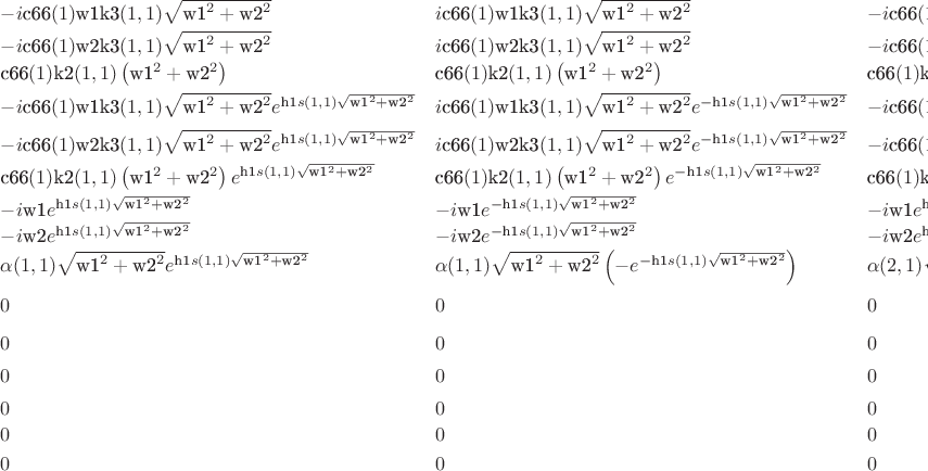 $$
\begin{array}{lllllllllllllll}
 -i \text{c66}(1) \text{w1} \text{k3}(1,1) \sqrt{\text{w1}^2+\text{w2}^2} & i \text{c66}(1) \text{w1} \text{k3}(1,1) \sqrt{\text{w1}^2+\text{w2}^2} & -i
   \text{c66}(1) \text{w1} \text{k3}(2,1) \sqrt{\text{w1}^2+\text{w2}^2} & i \text{c66}(1) \text{w1} \text{k3}(2,1) \sqrt{\text{w1}^2+\text{w2}^2} & -\frac{i
   \text{c66}(1) \text{w2} \sqrt{\text{w1}^2+\text{w2}^2}}{s(3,1)} & \frac{i \text{c66}(1) \text{w2} \sqrt{\text{w1}^2+\text{w2}^2}}{s(3,1)} & 0 & 0 & 0 & 0 & 0 & 0
   & 0 & 0 & 0 \\
 -i \text{c66}(1) \text{w2} \text{k3}(1,1) \sqrt{\text{w1}^2+\text{w2}^2} & i \text{c66}(1) \text{w2} \text{k3}(1,1) \sqrt{\text{w1}^2+\text{w2}^2} & -i
   \text{c66}(1) \text{w2} \text{k3}(2,1) \sqrt{\text{w1}^2+\text{w2}^2} & i \text{c66}(1) \text{w2} \text{k3}(2,1) \sqrt{\text{w1}^2+\text{w2}^2} & \frac{i
   \text{c66}(1) \text{w1} \sqrt{\text{w1}^2+\text{w2}^2}}{s(3,1)} & -\frac{i \text{c66}(1) \text{w1} \sqrt{\text{w1}^2+\text{w2}^2}}{s(3,1)} & 0 & 0 & 0 & 0 & 0 &
   0 & 0 & 0 & 0 \\
 \text{c66}(1) \text{k2}(1,1) \left(\text{w1}^2+\text{w2}^2\right) & \text{c66}(1) \text{k2}(1,1) \left(\text{w1}^2+\text{w2}^2\right) & \text{c66}(1)
   \text{k2}(2,1) \left(\text{w1}^2+\text{w2}^2\right) & \text{c66}(1) \text{k2}(2,1) \left(\text{w1}^2+\text{w2}^2\right) & 0 & 0 & 0 & 0 & 0 & 0 & 0 & 0 & 0 & 0 &
   0 \\
 -i \text{c66}(1) \text{w1} \text{k3}(1,1) \sqrt{\text{w1}^2+\text{w2}^2} e^{\text{h1} s(1,1) \sqrt{\text{w1}^2+\text{w2}^2}} & i \text{c66}(1) \text{w1}
   \text{k3}(1,1) \sqrt{\text{w1}^2+\text{w2}^2} e^{-\text{h1} s(1,1) \sqrt{\text{w1}^2+\text{w2}^2}} & -i \text{c66}(1) \text{w1} \text{k3}(2,1)
   \sqrt{\text{w1}^2+\text{w2}^2} e^{\text{h1} s(2,1) \sqrt{\text{w1}^2+\text{w2}^2}} & i \text{c66}(1) \text{w1} \text{k3}(2,1) \sqrt{\text{w1}^2+\text{w2}^2}
   e^{-\text{h1} s(2,1) \sqrt{\text{w1}^2+\text{w2}^2}} & -\frac{i \text{c66}(1) \text{w2} \sqrt{\text{w1}^2+\text{w2}^2} e^{\text{h1} s(3,1)
   \sqrt{\text{w1}^2+\text{w2}^2}}}{s(3,1)} & \frac{i \text{c66}(1) \text{w2} \sqrt{\text{w1}^2+\text{w2}^2} e^{-\text{h1} s(3,1)
   \sqrt{\text{w1}^2+\text{w2}^2}}}{s(3,1)} & i \text{c66}(2) \text{w1} \text{k3}(1,2) \sqrt{\text{w1}^2+\text{w2}^2} e^{\text{h1} s(1,2)
   \sqrt{\text{w1}^2+\text{w2}^2}} & -i \text{c66}(2) \text{w1} \text{k3}(1,2) \sqrt{\text{w1}^2+\text{w2}^2} e^{-\text{h1} s(1,2) \sqrt{\text{w1}^2+\text{w2}^2}} &
   i \text{c66}(2) \text{w1} \text{k3}(2,2) \sqrt{\text{w1}^2+\text{w2}^2} e^{\text{h1} s(2,2) \sqrt{\text{w1}^2+\text{w2}^2}} & -i \text{c66}(2) \text{w1}
   \text{k3}(2,2) \sqrt{\text{w1}^2+\text{w2}^2} e^{-\text{h1} s(2,2) \sqrt{\text{w1}^2+\text{w2}^2}} & \frac{i \text{c66}(2) \text{w2}
   \sqrt{\text{w1}^2+\text{w2}^2} e^{\text{h1} s(3,2) \sqrt{\text{w1}^2+\text{w2}^2}}}{s(3,2)} & -\frac{i \text{c66}(2) \text{w2} \sqrt{\text{w1}^2+\text{w2}^2}
   e^{-\text{h1} s(3,2) \sqrt{\text{w1}^2+\text{w2}^2}}}{s(3,2)} & 0 & 0 & 0 \\
 -i \text{c66}(1) \text{w2} \text{k3}(1,1) \sqrt{\text{w1}^2+\text{w2}^2} e^{\text{h1} s(1,1) \sqrt{\text{w1}^2+\text{w2}^2}} & i \text{c66}(1) \text{w2}
   \text{k3}(1,1) \sqrt{\text{w1}^2+\text{w2}^2} e^{-\text{h1} s(1,1) \sqrt{\text{w1}^2+\text{w2}^2}} & -i \text{c66}(1) \text{w2} \text{k3}(2,1)
   \sqrt{\text{w1}^2+\text{w2}^2} e^{\text{h1} s(2,1) \sqrt{\text{w1}^2+\text{w2}^2}} & i \text{c66}(1) \text{w2} \text{k3}(2,1) \sqrt{\text{w1}^2+\text{w2}^2}
   e^{-\text{h1} s(2,1) \sqrt{\text{w1}^2+\text{w2}^2}} & \frac{i \text{c66}(1) \text{w1} \sqrt{\text{w1}^2+\text{w2}^2} e^{\text{h1} s(3,1)
   \sqrt{\text{w1}^2+\text{w2}^2}}}{s(3,1)} & -\frac{i \text{c66}(1) \text{w1} \sqrt{\text{w1}^2+\text{w2}^2} e^{-\text{h1} s(3,1)
   \sqrt{\text{w1}^2+\text{w2}^2}}}{s(3,1)} & i \text{c66}(2) \text{w2} \text{k3}(1,2) \sqrt{\text{w1}^2+\text{w2}^2} e^{\text{h1} s(1,2)
   \sqrt{\text{w1}^2+\text{w2}^2}} & -i \text{c66}(2) \text{w2} \text{k3}(1,2) \sqrt{\text{w1}^2+\text{w2}^2} e^{-\text{h1} s(1,2) \sqrt{\text{w1}^2+\text{w2}^2}} &
   i \text{c66}(2) \text{w2} \text{k3}(2,2) \sqrt{\text{w1}^2+\text{w2}^2} e^{\text{h1} s(2,2) \sqrt{\text{w1}^2+\text{w2}^2}} & -i \text{c66}(2) \text{w2}
   \text{k3}(2,2) \sqrt{\text{w1}^2+\text{w2}^2} e^{-\text{h1} s(2,2) \sqrt{\text{w1}^2+\text{w2}^2}} & -\frac{i \text{c66}(2) \text{w1}
   \sqrt{\text{w1}^2+\text{w2}^2} e^{\text{h1} s(3,2) \sqrt{\text{w1}^2+\text{w2}^2}}}{s(3,2)} & \frac{i \text{c66}(2) \text{w1} \sqrt{\text{w1}^2+\text{w2}^2}
   e^{-\text{h1} s(3,2) \sqrt{\text{w1}^2+\text{w2}^2}}}{s(3,2)} & 0 & 0 & 0 \\
 \text{c66}(1) \text{k2}(1,1) \left(\text{w1}^2+\text{w2}^2\right) e^{\text{h1} s(1,1) \sqrt{\text{w1}^2+\text{w2}^2}} & \text{c66}(1) \text{k2}(1,1)
   \left(\text{w1}^2+\text{w2}^2\right) e^{-\text{h1} s(1,1) \sqrt{\text{w1}^2+\text{w2}^2}} & \text{c66}(1) \text{k2}(2,1) \left(\text{w1}^2+\text{w2}^2\right)
   e^{\text{h1} s(2,1) \sqrt{\text{w1}^2+\text{w2}^2}} & \text{c66}(1) \text{k2}(2,1) \left(\text{w1}^2+\text{w2}^2\right) e^{-\text{h1} s(2,1)
   \sqrt{\text{w1}^2+\text{w2}^2}} & 0 & 0 & \text{c66}(2) \text{k2}(1,2) \left(\text{w1}^2+\text{w2}^2\right) \left(-e^{\text{h1} s(1,2)
   \sqrt{\text{w1}^2+\text{w2}^2}}\right) & \text{c66}(2) \text{k2}(1,2) \left(\text{w1}^2+\text{w2}^2\right) \left(-e^{-\text{h1} s(1,2)
   \sqrt{\text{w1}^2+\text{w2}^2}}\right) & \text{c66}(2) \text{k2}(2,2) \left(\text{w1}^2+\text{w2}^2\right) \left(-e^{\text{h1} s(2,2)
   \sqrt{\text{w1}^2+\text{w2}^2}}\right) & \text{c66}(2) \text{k2}(2,2) \left(\text{w1}^2+\text{w2}^2\right) \left(-e^{-\text{h1} s(2,2)
   \sqrt{\text{w1}^2+\text{w2}^2}}\right) & 0 & 0 & 0 & 0 & 0 \\
 -i \text{w1} e^{\text{h1} s(1,1) \sqrt{\text{w1}^2+\text{w2}^2}} & -i \text{w1} e^{-\text{h1} s(1,1) \sqrt{\text{w1}^2+\text{w2}^2}} & -i \text{w1} e^{\text{h1}
   s(2,1) \sqrt{\text{w1}^2+\text{w2}^2}} & -i \text{w1} e^{-\text{h1} s(2,1) \sqrt{\text{w1}^2+\text{w2}^2}} & -i \text{w2} e^{\text{h1} s(3,1)
   \sqrt{\text{w1}^2+\text{w2}^2}} & -i \text{w2} e^{-\text{h1} s(3,1) \sqrt{\text{w1}^2+\text{w2}^2}} & i \text{w1} e^{\text{h1} s(1,2)
   \sqrt{\text{w1}^2+\text{w2}^2}} & i \text{w1} e^{-\text{h1} s(1,2) \sqrt{\text{w1}^2+\text{w2}^2}} & i \text{w1} e^{\text{h1} s(2,2)
   \sqrt{\text{w1}^2+\text{w2}^2}} & i \text{w1} e^{-\text{h1} s(2,2) \sqrt{\text{w1}^2+\text{w2}^2}} & i \text{w2} e^{\text{h1} s(3,2)
   \sqrt{\text{w1}^2+\text{w2}^2}} & i \text{w2} e^{-\text{h1} s(3,2) \sqrt{\text{w1}^2+\text{w2}^2}} & 0 & 0 & 0 \\
 -i \text{w2} e^{\text{h1} s(1,1) \sqrt{\text{w1}^2+\text{w2}^2}} & -i \text{w2} e^{-\text{h1} s(1,1) \sqrt{\text{w1}^2+\text{w2}^2}} & -i \text{w2} e^{\text{h1}
   s(2,1) \sqrt{\text{w1}^2+\text{w2}^2}} & -i \text{w2} e^{-\text{h1} s(2,1) \sqrt{\text{w1}^2+\text{w2}^2}} & i \text{w1} e^{\text{h1} s(3,1)
   \sqrt{\text{w1}^2+\text{w2}^2}} & i \text{w1} e^{-\text{h1} s(3,1) \sqrt{\text{w1}^2+\text{w2}^2}} & i \text{w2} e^{\text{h1} s(1,2)
   \sqrt{\text{w1}^2+\text{w2}^2}} & i \text{w2} e^{-\text{h1} s(1,2) \sqrt{\text{w1}^2+\text{w2}^2}} & i \text{w2} e^{\text{h1} s(2,2)
   \sqrt{\text{w1}^2+\text{w2}^2}} & i \text{w2} e^{-\text{h1} s(2,2) \sqrt{\text{w1}^2+\text{w2}^2}} & -i \text{w1} e^{\text{h1} s(3,2)
   \sqrt{\text{w1}^2+\text{w2}^2}} & -i \text{w1} e^{-\text{h1} s(3,2) \sqrt{\text{w1}^2+\text{w2}^2}} & 0 & 0 & 0 \\
 \alpha (1,1) \sqrt{\text{w1}^2+\text{w2}^2} e^{\text{h1} s(1,1) \sqrt{\text{w1}^2+\text{w2}^2}} & \alpha (1,1) \sqrt{\text{w1}^2+\text{w2}^2} \left(-e^{-\text{h1}
   s(1,1) \sqrt{\text{w1}^2+\text{w2}^2}}\right) & \alpha (2,1) \sqrt{\text{w1}^2+\text{w2}^2} e^{\text{h1} s(2,1) \sqrt{\text{w1}^2+\text{w2}^2}} & \alpha (2,1)
   \sqrt{\text{w1}^2+\text{w2}^2} \left(-e^{-\text{h1} s(2,1) \sqrt{\text{w1}^2+\text{w2}^2}}\right) & 0 & 0 & \alpha (1,2) \sqrt{\text{w1}^2+\text{w2}^2}
   \left(-e^{\text{h1} s(1,2) \sqrt{\text{w1}^2+\text{w2}^2}}\right) & \alpha (1,2) \sqrt{\text{w1}^2+\text{w2}^2} e^{-\text{h1} s(1,2)
   \sqrt{\text{w1}^2+\text{w2}^2}} & \alpha (2,2) \sqrt{\text{w1}^2+\text{w2}^2} \left(-e^{\text{h1} s(2,2) \sqrt{\text{w1}^2+\text{w2}^2}}\right) & \alpha (2,2)
   \sqrt{\text{w1}^2+\text{w2}^2} e^{-\text{h1} s(2,2) \sqrt{\text{w1}^2+\text{w2}^2}} & 0 & 0 & 0 & 0 & 0 \\
 0 & 0 & 0 & 0 & 0 & 0 & -i \text{c66}(2) \text{w1} \text{k3}(1,2) \sqrt{\text{w1}^2+\text{w2}^2} e^{\text{h2} s(1,2) \sqrt{\text{w1}^2+\text{w2}^2}} & i
   \text{c66}(2) \text{w1} \text{k3}(1,2) \sqrt{\text{w1}^2+\text{w2}^2} e^{-\text{h2} s(1,2) \sqrt{\text{w1}^2+\text{w2}^2}} & -i \text{c66}(2) \text{w1}
   \text{k3}(2,2) \sqrt{\text{w1}^2+\text{w2}^2} e^{\text{h2} s(2,2) \sqrt{\text{w1}^2+\text{w2}^2}} & i \text{c66}(2) \text{w1} \text{k3}(2,2)
   \sqrt{\text{w1}^2+\text{w2}^2} e^{-\text{h2} s(2,2) \sqrt{\text{w1}^2+\text{w2}^2}} & -\frac{i \text{c66}(2) \text{w2} \sqrt{\text{w1}^2+\text{w2}^2}
   e^{\text{h2} s(3,2) \sqrt{\text{w1}^2+\text{w2}^2}}}{s(3,2)} & \frac{i \text{c66}(2) \text{w2} \sqrt{\text{w1}^2+\text{w2}^2} e^{-\text{h2} s(3,2)
   \sqrt{\text{w1}^2+\text{w2}^2}}}{s(3,2)} & -i \text{c66}(3) \text{w1} \text{k3}(1,3) \sqrt{\text{w1}^2+\text{w2}^2} e^{-\text{h2} s(1,3)
   \sqrt{\text{w1}^2+\text{w2}^2}} & -i \text{c66}(3) \text{w1} \text{k3}(2,3) \sqrt{\text{w1}^2+\text{w2}^2} e^{-\text{h2} s(2,3) \sqrt{\text{w1}^2+\text{w2}^2}} &
   -\frac{i \text{c66}(3) \text{w2} \sqrt{\text{w1}^2+\text{w2}^2} e^{-\text{h2} s(3,3) \sqrt{\text{w1}^2+\text{w2}^2}}}{s(3,3)} \\
 0 & 0 & 0 & 0 & 0 & 0 & -i \text{c66}(2) \text{w2} \text{k3}(1,2) \sqrt{\text{w1}^2+\text{w2}^2} e^{\text{h2} s(1,2) \sqrt{\text{w1}^2+\text{w2}^2}} & i
   \text{c66}(2) \text{w2} \text{k3}(1,2) \sqrt{\text{w1}^2+\text{w2}^2} e^{-\text{h2} s(1,2) \sqrt{\text{w1}^2+\text{w2}^2}} & -i \text{c66}(2) \text{w2}
   \text{k3}(2,2) \sqrt{\text{w1}^2+\text{w2}^2} e^{\text{h2} s(2,2) \sqrt{\text{w1}^2+\text{w2}^2}} & i \text{c66}(2) \text{w2} \text{k3}(2,2)
   \sqrt{\text{w1}^2+\text{w2}^2} e^{-\text{h2} s(2,2) \sqrt{\text{w1}^2+\text{w2}^2}} & \frac{i \text{c66}(2) \text{w1} \sqrt{\text{w1}^2+\text{w2}^2} e^{\text{h2}
   s(3,2) \sqrt{\text{w1}^2+\text{w2}^2}}}{s(3,2)} & -\frac{i \text{c66}(2) \text{w1} \sqrt{\text{w1}^2+\text{w2}^2} e^{-\text{h2} s(3,2)
   \sqrt{\text{w1}^2+\text{w2}^2}}}{s(3,2)} & -i \text{c66}(3) \text{w2} \text{k3}(1,3) \sqrt{\text{w1}^2+\text{w2}^2} e^{-\text{h2} s(1,3)
   \sqrt{\text{w1}^2+\text{w2}^2}} & -i \text{c66}(3) \text{w2} \text{k3}(2,3) \sqrt{\text{w1}^2+\text{w2}^2} e^{-\text{h2} s(2,3) \sqrt{\text{w1}^2+\text{w2}^2}} &
   \frac{i \text{c66}(3) \text{w1} \sqrt{\text{w1}^2+\text{w2}^2} e^{-\text{h2} s(3,3) \sqrt{\text{w1}^2+\text{w2}^2}}}{s(3,3)} \\
 0 & 0 & 0 & 0 & 0 & 0 & \text{c66}(2) \text{k2}(1,2) \left(\text{w1}^2+\text{w2}^2\right) e^{\text{h2} s(1,2) \sqrt{\text{w1}^2+\text{w2}^2}} & \text{c66}(2)
   \text{k2}(1,2) \left(\text{w1}^2+\text{w2}^2\right) e^{-\text{h2} s(1,2) \sqrt{\text{w1}^2+\text{w2}^2}} & \text{c66}(2) \text{k2}(2,2)
   \left(\text{w1}^2+\text{w2}^2\right) e^{\text{h2} s(2,2) \sqrt{\text{w1}^2+\text{w2}^2}} & \text{c66}(2) \text{k2}(2,2) \left(\text{w1}^2+\text{w2}^2\right)
   e^{-\text{h2} s(2,2) \sqrt{\text{w1}^2+\text{w2}^2}} & 0 & 0 & \text{c66}(3) \text{k2}(1,3) \left(\text{w1}^2+\text{w2}^2\right) \left(-e^{-\text{h2} s(1,3)
   \sqrt{\text{w1}^2+\text{w2}^2}}\right) & \text{c66}(3) \text{k2}(2,3) \left(\text{w1}^2+\text{w2}^2\right) \left(-e^{-\text{h2} s(2,3)
   \sqrt{\text{w1}^2+\text{w2}^2}}\right) & 0 \\
 0 & 0 & 0 & 0 & 0 & 0 & -i \text{w1} e^{\text{h2} s(1,2) \sqrt{\text{w1}^2+\text{w2}^2}} & -i \text{w1} e^{-\text{h2} s(1,2) \sqrt{\text{w1}^2+\text{w2}^2}} & -i
   \text{w1} e^{\text{h2} s(2,2) \sqrt{\text{w1}^2+\text{w2}^2}} & -i \text{w1} e^{-\text{h2} s(2,2) \sqrt{\text{w1}^2+\text{w2}^2}} & -i \text{w2} e^{\text{h2}
   s(3,2) \sqrt{\text{w1}^2+\text{w2}^2}} & -i \text{w2} e^{-\text{h2} s(3,2) \sqrt{\text{w1}^2+\text{w2}^2}} & i \text{w1} e^{-\text{h2} s(1,3)
   \sqrt{\text{w1}^2+\text{w2}^2}} & i \text{w1} e^{-\text{h2} s(2,3) \sqrt{\text{w1}^2+\text{w2}^2}} & i \text{w2} e^{-\text{h2} s(3,3)
   \sqrt{\text{w1}^2+\text{w2}^2}} \\
 0 & 0 & 0 & 0 & 0 & 0 & -i \text{w2} e^{\text{h2} s(1,2) \sqrt{\text{w1}^2+\text{w2}^2}} & -i \text{w2} e^{-\text{h2} s(1,2) \sqrt{\text{w1}^2+\text{w2}^2}} & -i
   \text{w2} e^{\text{h2} s(2,2) \sqrt{\text{w1}^2+\text{w2}^2}} & -i \text{w2} e^{-\text{h2} s(2,2) \sqrt{\text{w1}^2+\text{w2}^2}} & i \text{w1} e^{\text{h2}
   s(3,2) \sqrt{\text{w1}^2+\text{w2}^2}} & i \text{w1} e^{-\text{h2} s(3,2) \sqrt{\text{w1}^2+\text{w2}^2}} & i \text{w2} e^{-\text{h2} s(1,3)
   \sqrt{\text{w1}^2+\text{w2}^2}} & i \text{w2} e^{-\text{h2} s(2,3) \sqrt{\text{w1}^2+\text{w2}^2}} & -i \text{w1} e^{-\text{h2} s(3,3)
   \sqrt{\text{w1}^2+\text{w2}^2}} \\
 0 & 0 & 0 & 0 & 0 & 0 & \alpha (1,2) \sqrt{\text{w1}^2+\text{w2}^2} e^{\text{h2} s(1,2) \sqrt{\text{w1}^2+\text{w2}^2}} & \alpha (1,2)
   \sqrt{\text{w1}^2+\text{w2}^2} \left(-e^{-\text{h2} s(1,2) \sqrt{\text{w1}^2+\text{w2}^2}}\right) & \alpha (2,2) \sqrt{\text{w1}^2+\text{w2}^2} e^{\text{h2}
   s(2,2) \sqrt{\text{w1}^2+\text{w2}^2}} & \alpha (2,2) \sqrt{\text{w1}^2+\text{w2}^2} \left(-e^{-\text{h2} s(2,2) \sqrt{\text{w1}^2+\text{w2}^2}}\right) & 0 & 0 &
   \alpha (1,3) \sqrt{\text{w1}^2+\text{w2}^2} e^{-\text{h2} s(1,3) \sqrt{\text{w1}^2+\text{w2}^2}} & \alpha (2,3) \sqrt{\text{w1}^2+\text{w2}^2} e^{-\text{h2}
   s(2,3) \sqrt{\text{w1}^2+\text{w2}^2}} & 0
\end{array}$$