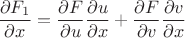 $$\frac{\partial F_1}{\partial x}=\frac{\partial F}{\partial u} \frac{\partial u}{\partial x}+\frac{\partial F}{\partial v} \frac{\partial v}{\partial x}$$