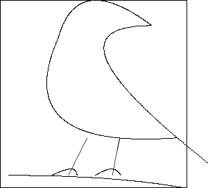 $$
\begin{picture}(300,200)


\multiput(60,-10)(150,0){2}{
\line(0,1){150}
}

\multiput(60,-10)(0,150){2}{
\line(1,0){150}
}


\put(150,0){
\line(1,5){6}
}

\put(115,0){
\line(1,2){15}
}

\put(70,20){
\qbezier(40,90)(55,145)(115,100)
\qbezier(115,100)(20,100)(160,-10)
\qbezier(40,90)(0,0)(135,10)
\qbezier(35,-20)(55,-10)(55,-20)
\qbezier(70,-20)(85,-10)(90,-20)
\qbezier(0,-20)(85,-20)(140,-30)
}


\end{picture}
$$