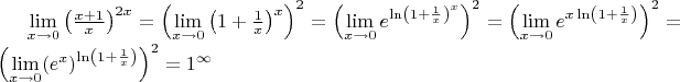 $\lim\limits_{x\rightarrow 0} \left(\frac{x+1}{x}\right)^{2x}=
\left(\lim\limits_{x\rightarrow 0} \left(1+\frac{1}{x}\right)^{x}\right)^2=
\left(\lim\limits_{x\rightarrow 0} e^{\ln\left(1+\frac{1}{x}\right)^{x}\right)}^2=
\left(\lim\limits_{x\rightarrow 0} e^{x\ln\left(1+\frac{1}{x}\right)\right)}^2=
\left(\lim\limits_{x\rightarrow 0} (e^x)^{\ln\left(1+\frac{1}{x}\right)\right)}^2=
1^{\infty}
$