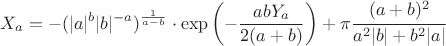 $$X_a = -(|a|^b |b|^{-a}) ^ {\frac 1 {a - b}} \cdot \exp \left(- \frac {a b Y_a} {2 (a + b)} \right) + \pi \cfrac {(a + b)^2} {a^2 |b| + b^2 |a|}$$
