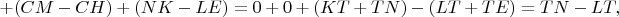 $$+(CM-CH)+(NK-LE)=0+0+(KT+TN)-(LT+TE)=TN-LT,$$