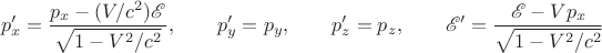 $$p_x'=\dfrac{p_x-(V/c^2)\mathscr{E}}{\sqrt{1-V^2/c^2}},\qquad p_y'=p_y,\qquad p_z'=p_z,\qquad \mathscr{E}'=\dfrac{\mathscr{E}-Vp_x}{\sqrt{1-V^2/c^2}}$$