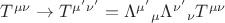 $T^{\mu \nu} \to T^{\mu' \nu'} = \Lambda^{\mu'}_{}_{\mu} \Lambda^{\nu'}_{}_{\nu} T^{\mu \nu}$