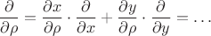 $$\frac\partial{\partial\rho}=\frac{\partial x}{\partial\rho}\cdot\frac\partial{\partial x}+\frac{\partial y}{\partial\rho}\cdot\frac\partial{\partial y}=\ldots$$