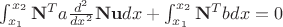 $\int_{x_1}^{x_2} \mathbf{N}^T a \frac{d^2}{dx^2} \mathbf{N} \mathbf{u} dx +
\int_{x_1}^{x_2} \mathbf{N}^T b dx = 0$ $\int_{x_1}^{x_2} \mathbf{N}^T a \frac{d^2}{dx^2} \mathbf{N} \mathbf{u} dx +
\int_{x_1}^{x_2} \mathbf{N}^T b dx = 0$