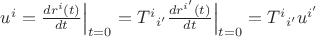 $u^i=\frac{dr^{i}(t)}{dt}\Big|_{t=0}= {T^i}_{i'} \frac{dr^{i'}(t)}{dt}\Big|_{t=0}={T^i}_{i'}u^{i'}$