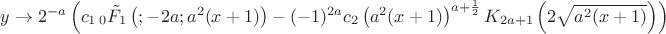 $y\to 2^{-a} \left(c_1 \, _0\tilde{F}_1\left(;-2 a;a^2 (x+1)\right)-(-1)^{2 a} c_2 \left(a^2 (x+1)\right)^{a+\frac{1}{2}} K_{2 a+1}\left(2 \sqrt{a^2 (x+1)}\right)\right)$ $y\to 2^{-a} \left(c_1 \, _0\tilde{F}_1\left(;-2 a;a^2 (x+1)\right)-(-1)^{2 a} c_2 \left(a^2 (x+1)\right)^{a+\frac{1}{2}} K_{2 a+1}\left(2 \sqrt{a^2 (x+1)}\right)\right)$