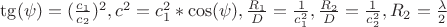 $\tg(\psi)=(\frac{c_1}{c_2})^2, c^2=c_1^2*\cos(\psi),\frac{R_1}{D}=\frac{1}{c_1^2}, \frac{R_2}{D}=\frac{1}{c_2^2}, R_2=\frac{\lambda}{2}$