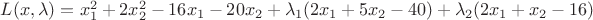 $L(x, \lambda)=x_{1}^2+2x_{2}^2-16 x_1-20x_2+\lambda_1(2x_1+5x_2-40)+\lambda_2(2x_1+x_2-16)$