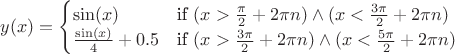 $
y(x)= \begin{cases}
 \sin(x)& \text{if }  (x>\frac{\pi}{2}+2\pi n)\wedge (x<\frac{3\pi}{2}+2\pi n)\\
 \frac{\sin(x)}{4}+0.5& \text{if } (x>\frac{3\pi}{2}+2\pi n)\wedge (x<\frac{5\pi}{2}+2\pi n) 
\end{cases}$