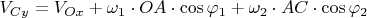 $
V_{Cy}=V_{Ox}+\omega_{1}\cdot OA  \cdot \cos \varphi_{1}+\omega_{2}\cdot AC \cdot \cos \varphi_{2}$